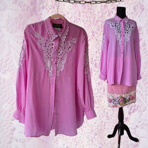 Bob Mackie Wearable Art Silk Blouse Long Sleeve Collar Button Up Boxy Embroidery